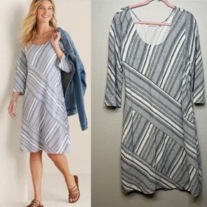 Soft Surroundings Sonya Linen Dress Blue Ivory  #2FV15 Women’s Medium